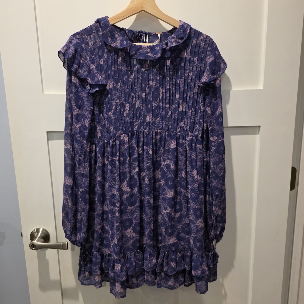 Free People These Dreams Mini BabyDoll Dress Small Tunic Purple Bohemian Ruffle